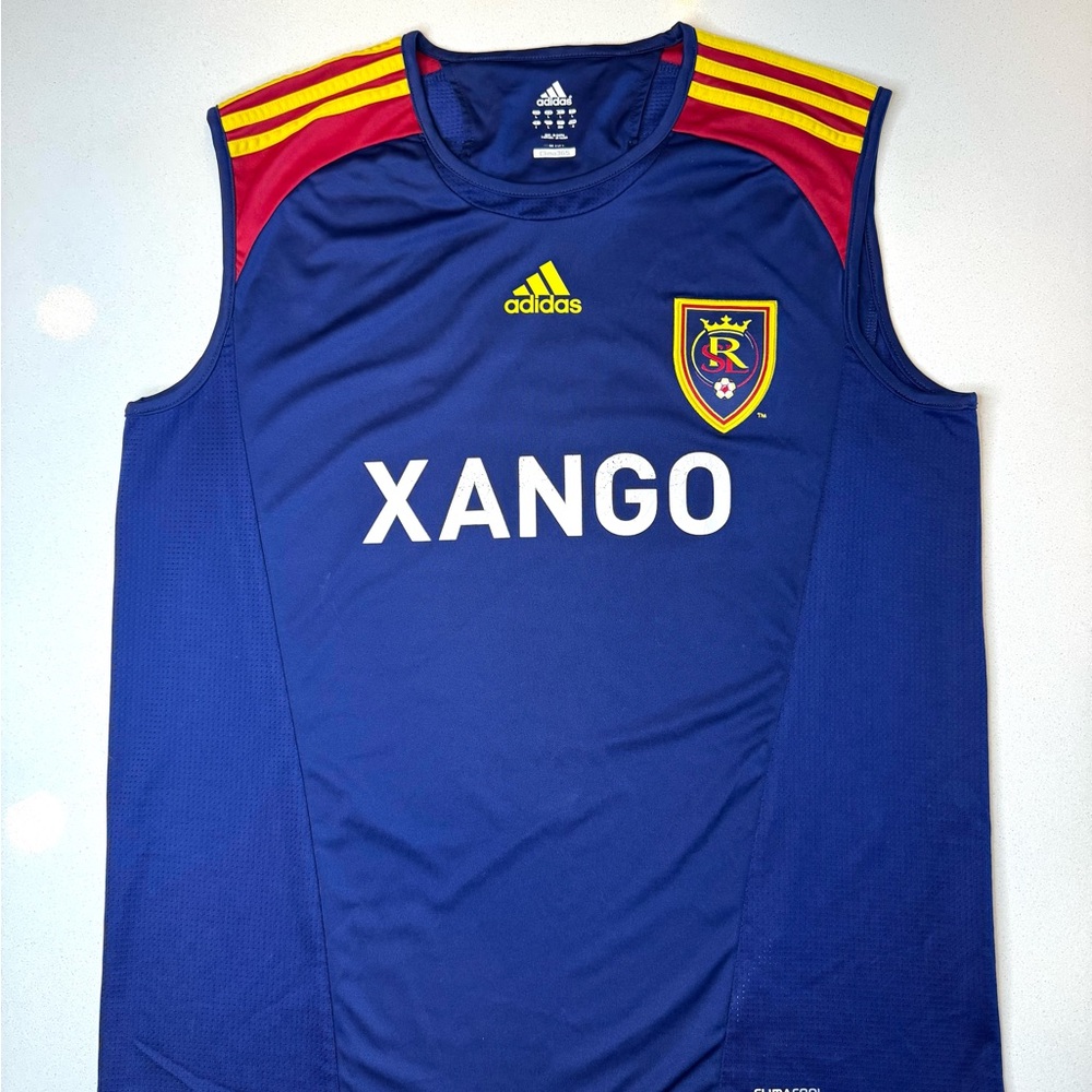 Adidas Blue Sleeveless Jersey with Red and Yellow Stripes. Real Salt Lake Soccer